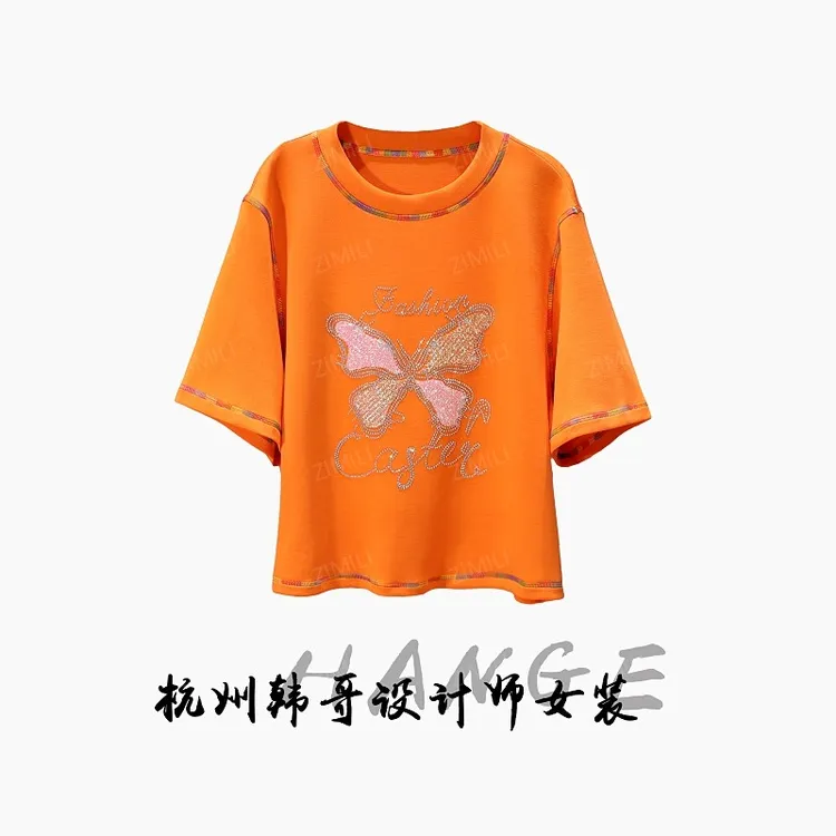 【韩哥女装】2025夏轻薄透气爱玛橙立体蝴蝶烫钻时尚休闲T恤9273-C5