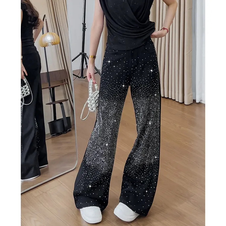 214烫钻满天星休闲牛仔裤女新款高腰宽松显瘦百搭直筒阔腿拖地裤
