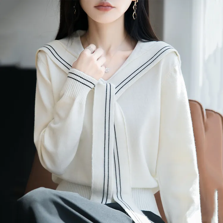 学院风长袖针织衫女春秋2025秋新款海军领设计感外穿毛衣短款上衣