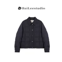 【柏栗良品】2025冬季新品~设计感方格包边翻领长袖羽绒服外套2415