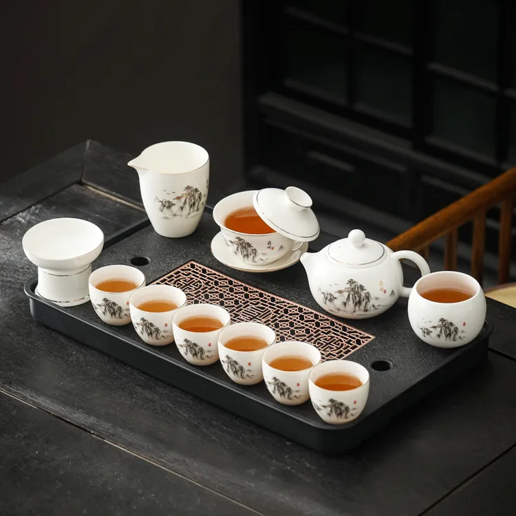 巅峰悬停盖碗白瓷功夫泡茶杯具套装高端全套办公室家用茶盘一整套