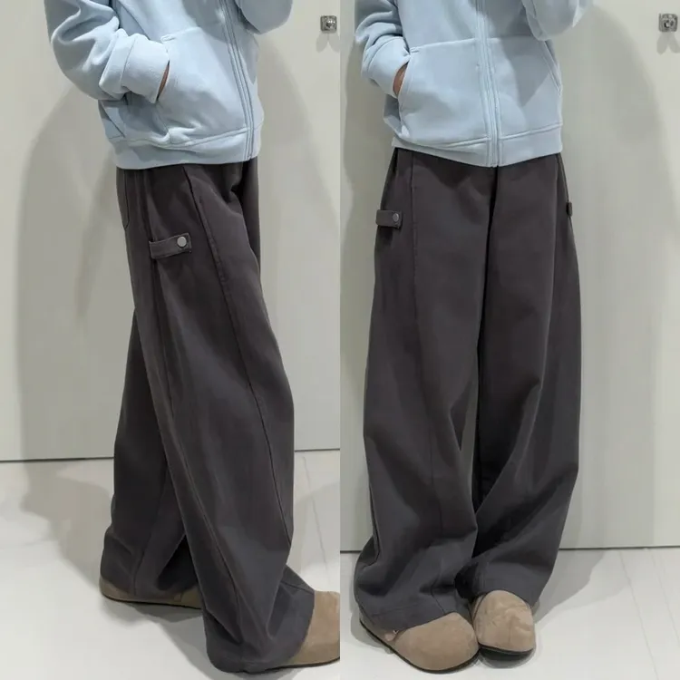深灰色加绒弯刀工装裤女秋冬新款大码胖mm宽松显瘦美式休闲阔腿裤