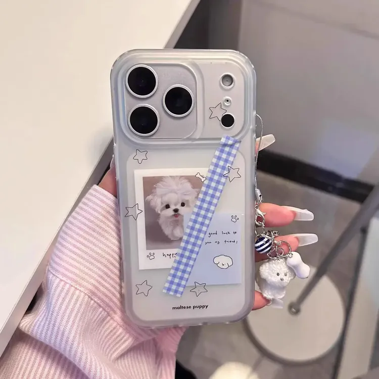 可爱IMD双层磨砂透色小狗格纹便签挂件适用苹果17promax手机壳16