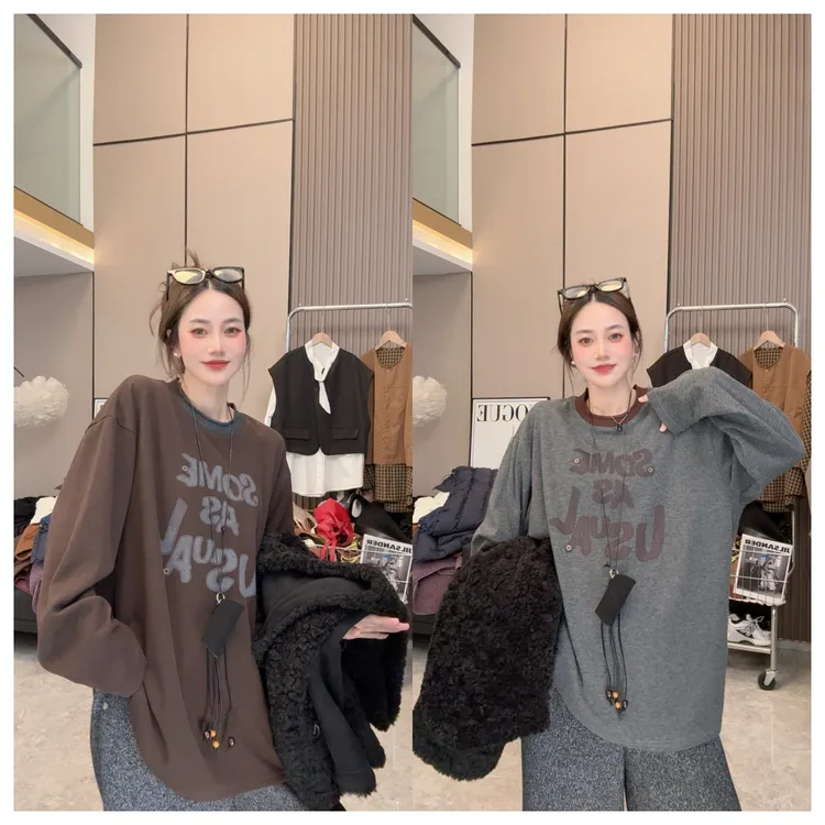 【念念不忘】撞色领口~秋冬上新时尚休闲宽松中长款长袖上衣