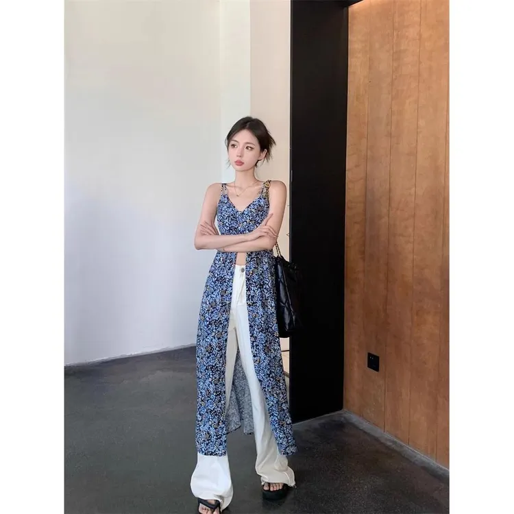 法式碎花领吊带连衣裙女装夏季甜辣妹裙子蓝色复古气质开叉长裙