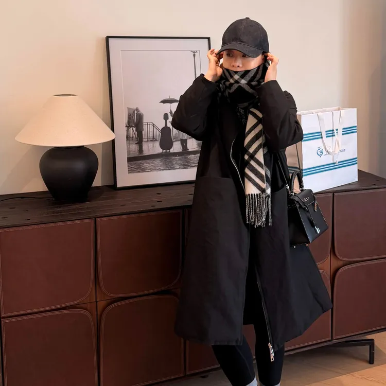 Ms.Qnn “冬日暖阳”针织大翻领双面保暖90鹅绒长款外套 52C990 Q姐