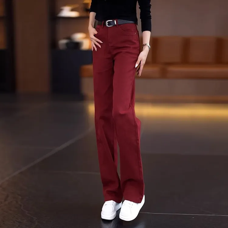 雅鹿酒红色直筒牛仔裤女2025秋冬窄版拖地裤子高腰显瘦休闲阔腿裤