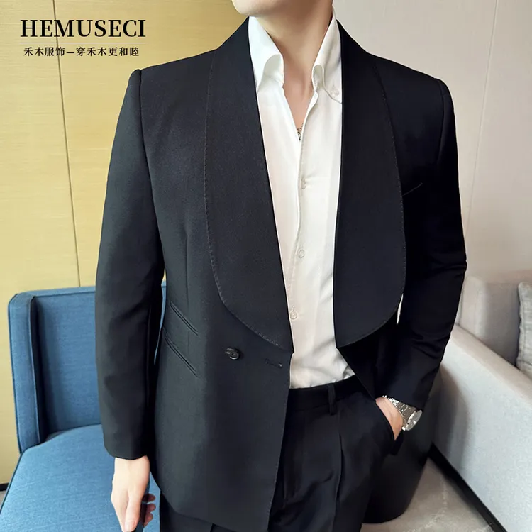 高端英伦风青果领西服套装帅气婚礼小西装正装潮流礼服商务双排扣