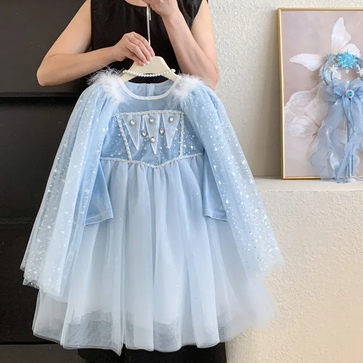 公主裙女童连衣裙春秋款2025新款儿童艾莎裙子小女孩生日披肩裙