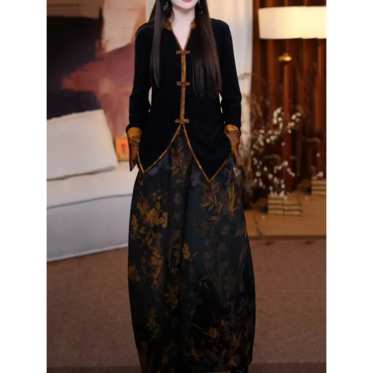 轻奢新中式高级感裤套装女2025冬季新款撞色拼接盘扣V领衬衫+裤子