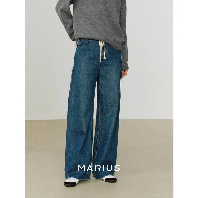 MARIUS| 经典美式复古MIU系抽绳毛边水洗直筒醋酸棉休闲牛仔长裤