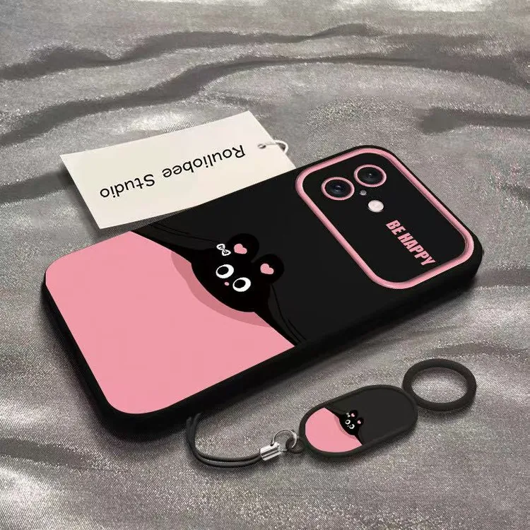 可爱趴趴小黑兔适用苹果17Promax手机壳16大视窗15磨砂14带指环扣