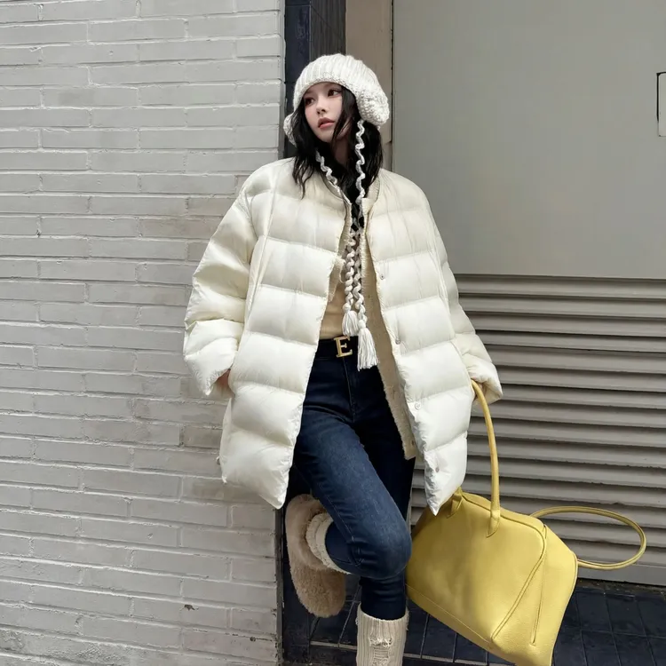 FANRUI/泛芮「雅奢廓影」锁温羊毛拼接中长款90白鸭绒羽绒服B19644