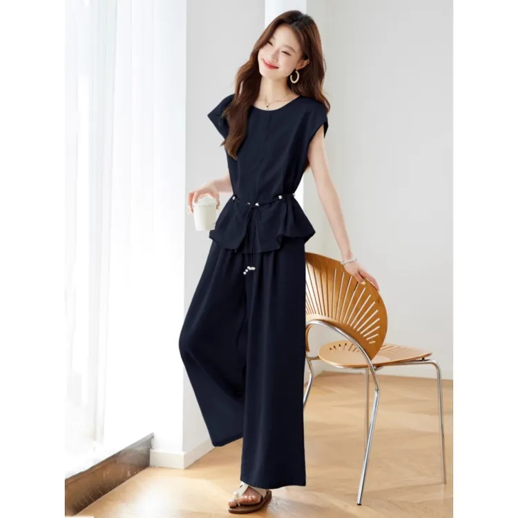 0885简约休闲松弛感套装女2025夏新款超好看收腰衬衫阔腿裤两件套