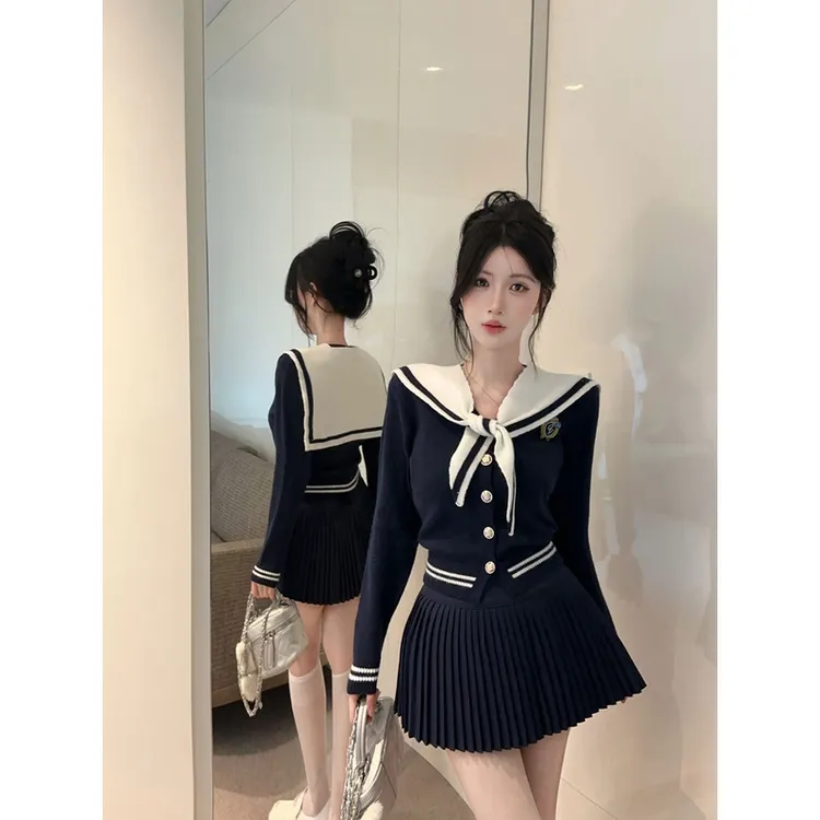 韩系学院风套装海军领绑带长袖收腰毛衣外套百褶短裙jk两件套女秋