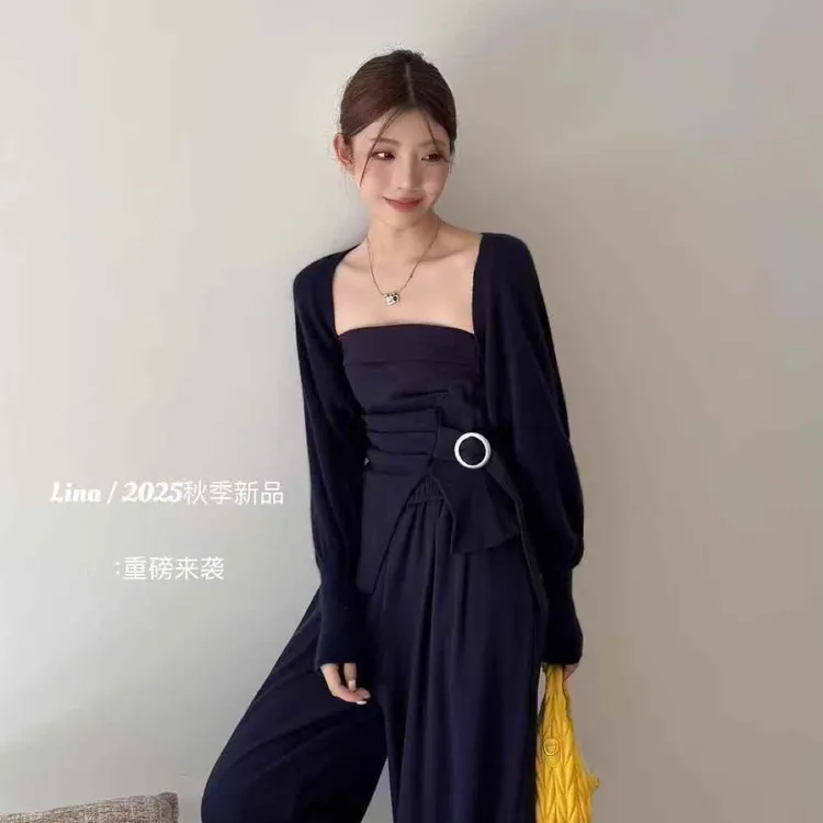 纯欲风短款针织开衫搭配高腰阔腿裤套装女