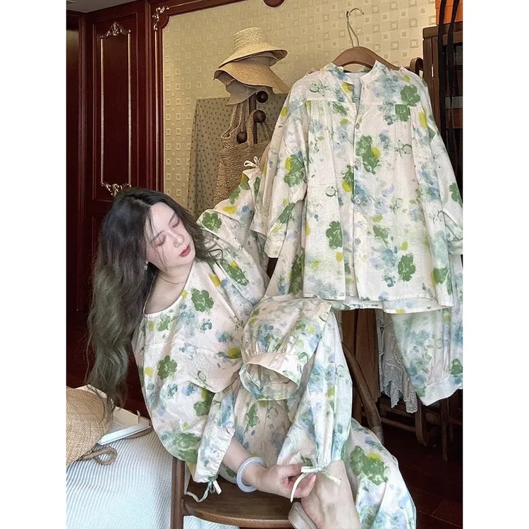 【宽松舒适】长袖睡衣女春秋2025新款印花长袖时尚家居服套装可外穿