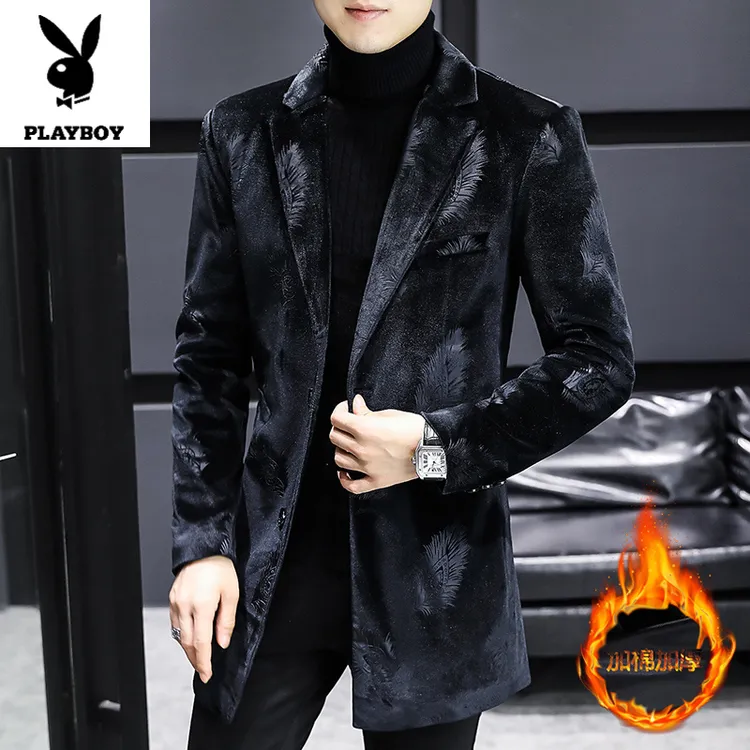 花花公子时尚高档呢子外套男士中长款新款秋冬季加绒加厚毛呢大衣