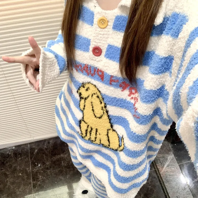 侘町2025年秋冬季新款蓝白条纹puppy半边绒睡衣女保暖加厚家居服