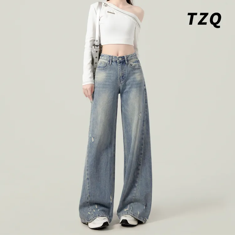 美式中低腰显瘦阔腿喇叭裤女梨形遮胯宽松破洞直筒牛仔裤TZQ90639