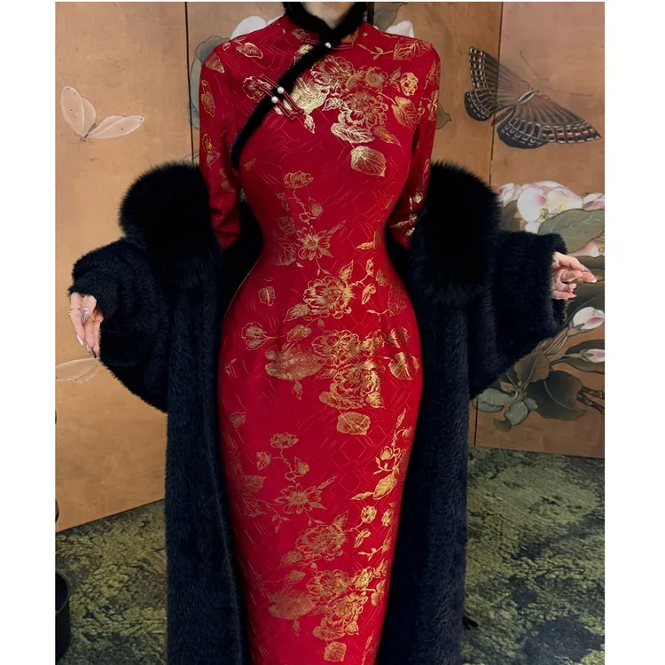 秋辞香~鎏金 加绒长袖秋冬明媚气质旗袍订婚复古显瘦优雅红色
