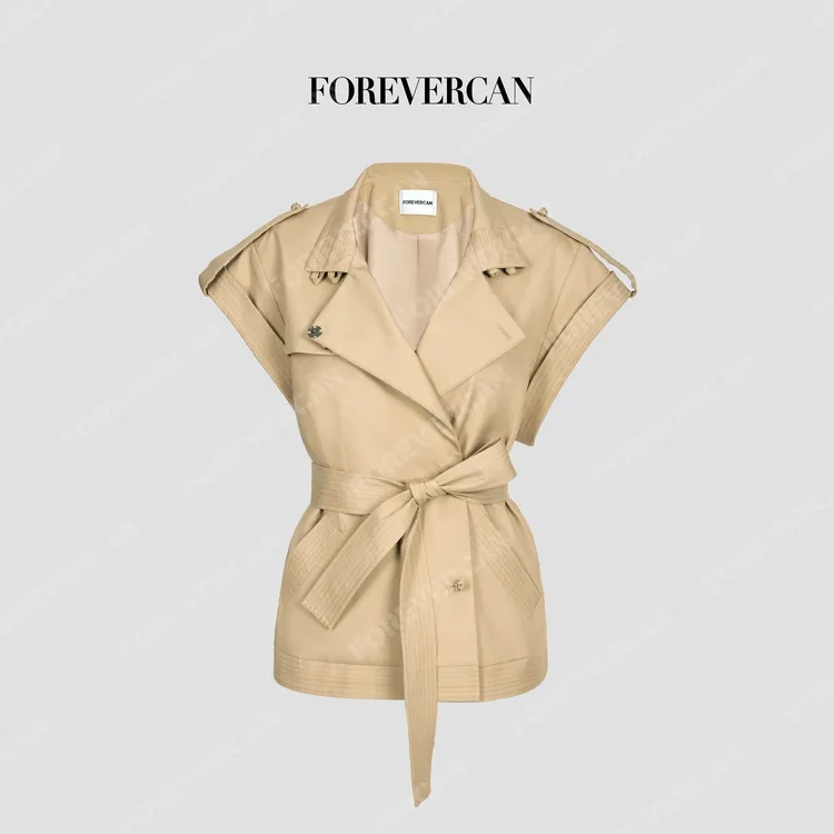 FOREVERCAN“圣罗斯”皇家卡其色中式盘扣短袖马甲风衣 SC23669