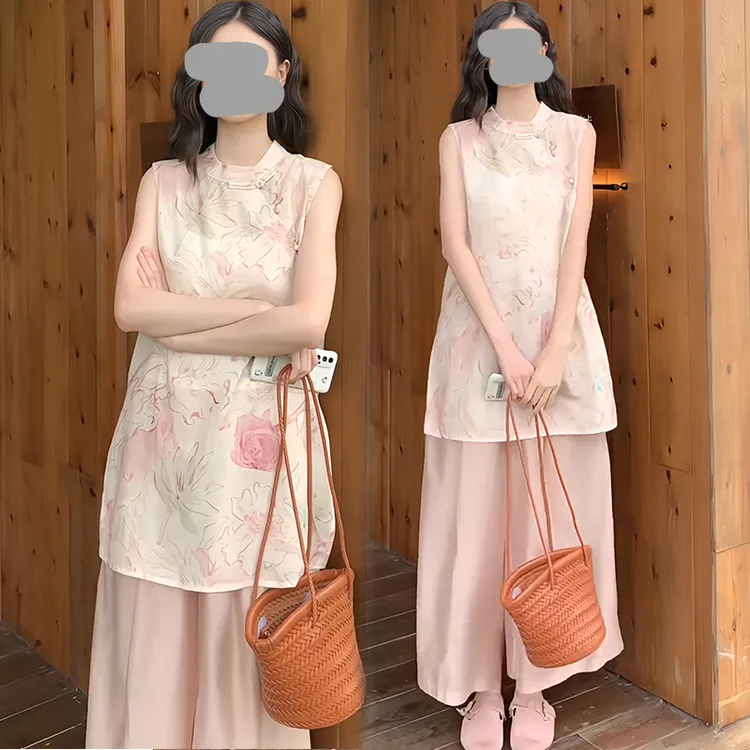 粉色国风印花无袖上衣套装女夏新款温柔显瘦轻薄垂感阔腿裤两件套