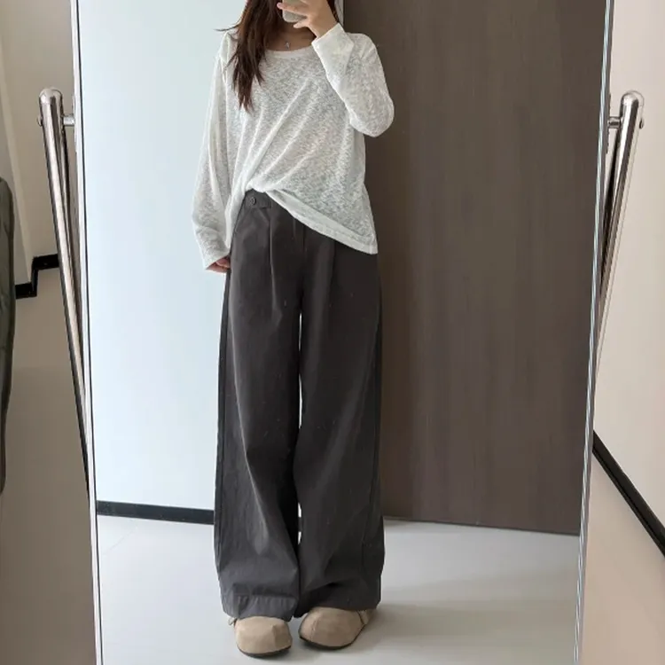窄版洗水棉直筒裤女秋季大码胖mm显瘦宽松梨形身材高腰阔腿休闲裤
