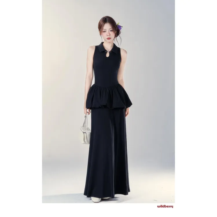 法式优雅高级感翻领夏季短袖连衣裙露肩假两件国风改良气质长裙子