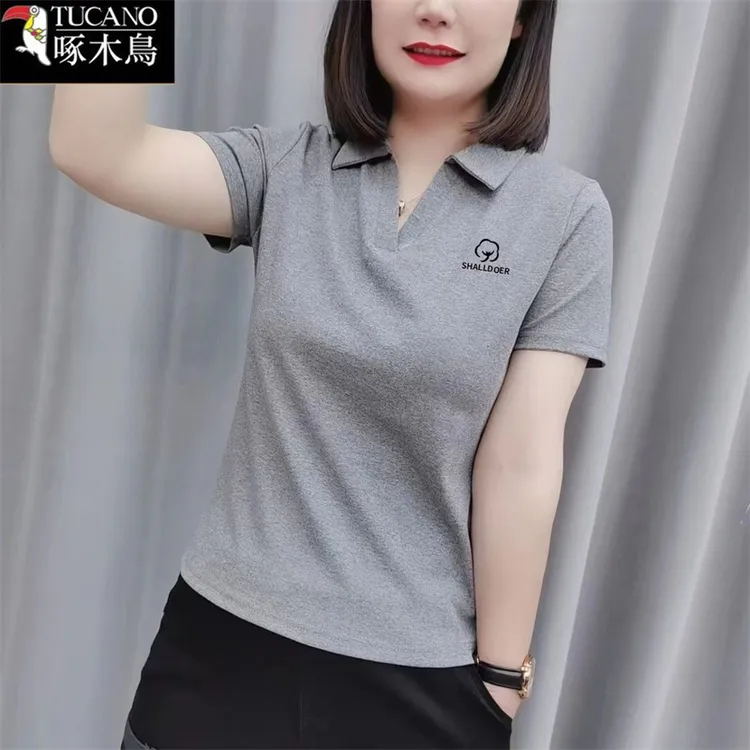 啄木鸟夏季薄款POLO领短袖印花T恤2025年新款休闲百搭韩版上衣女