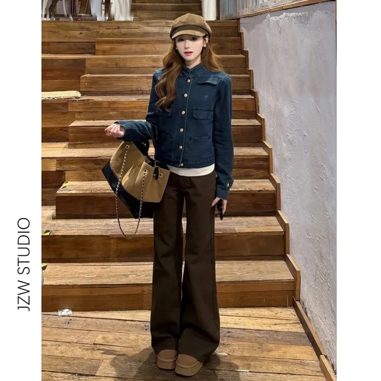 美拉德棕咖色高腰微喇牛仔裤女梨形身材宽松显瘦小个子拖地马蹄裤