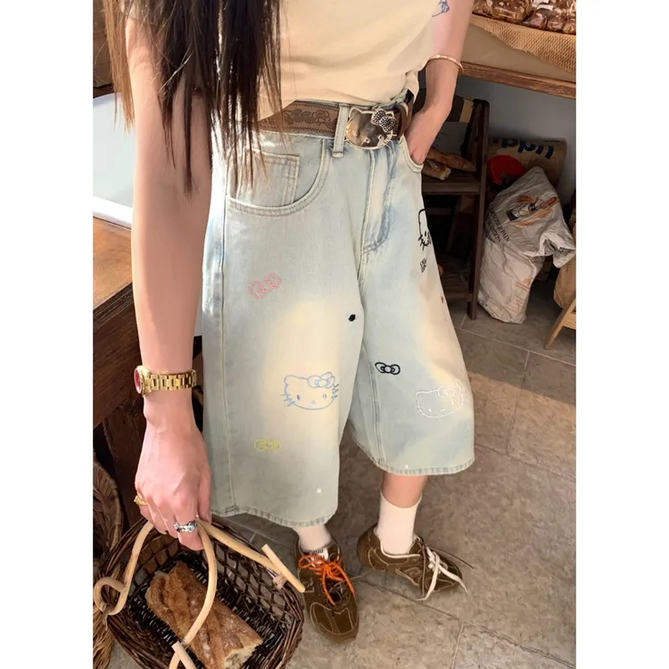 美式复古kitty头刺绣七分牛仔裤女2025显瘦慵懒宽松设计感直筒裤