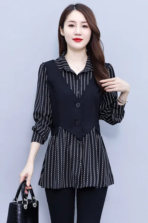 大码女装衬衫翻领条纹时尚休闲宽松显瘦胖妹妹假两件秋中长款