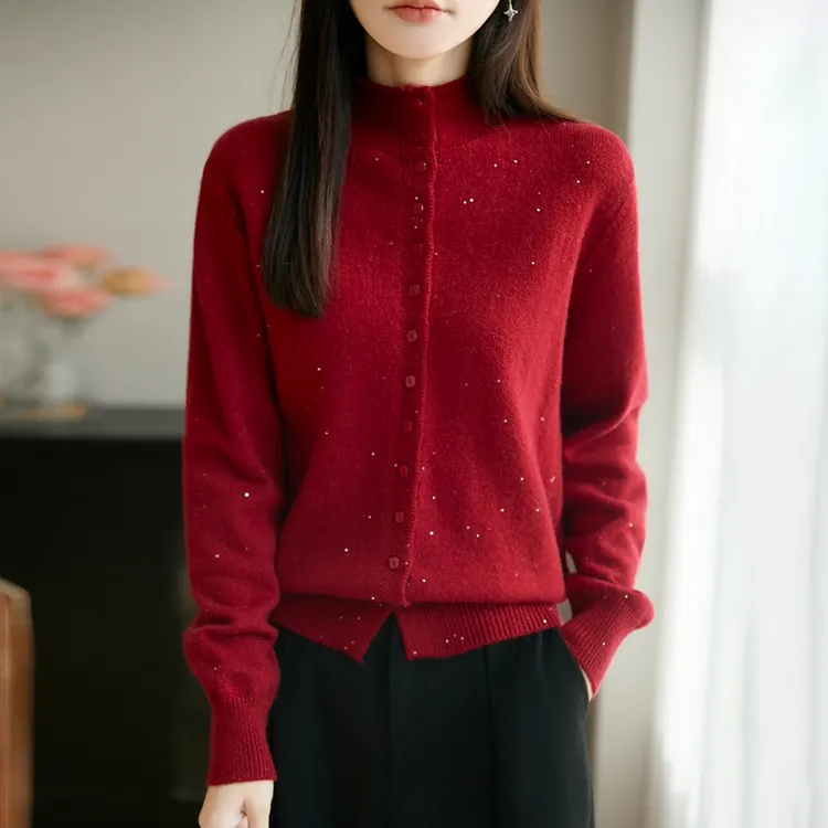 品牌女装正品冬季新款纯色加厚珠片半高领女士毛针织开衫时尚毛衣