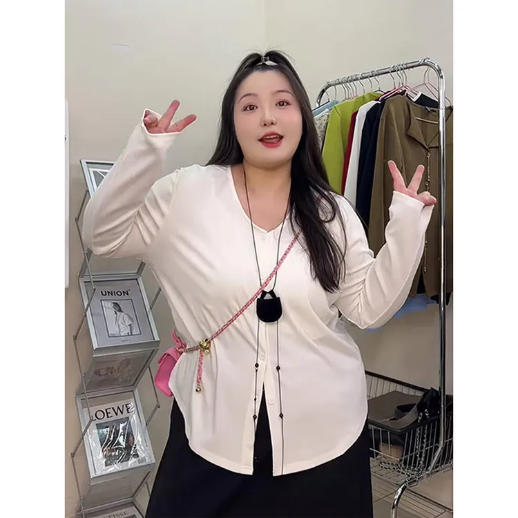 大码女装春秋季百搭气质开衫外套蓝色减龄长袖V领上衣针织衫3438