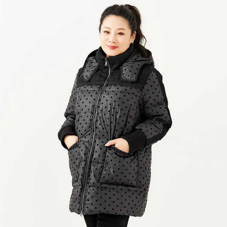 胖太太大码女装冬季新毛线波点加肥中长保暖羽绒服连帽724400111