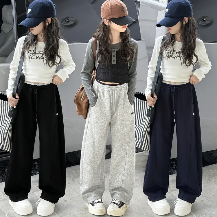 儿童秋冬装大女童装加绒灰色裤子一体绒春秋款运动卫裤秋季直筒裤