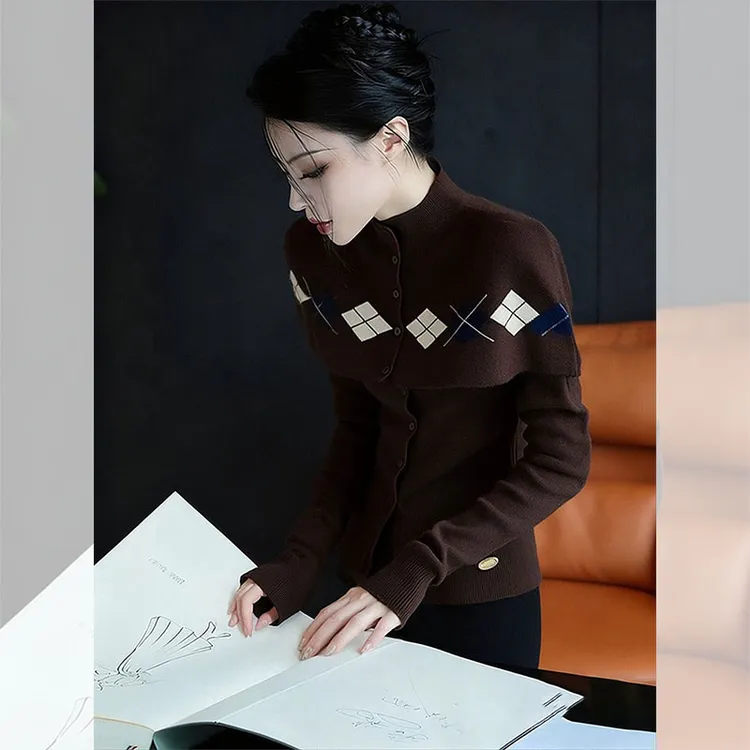 别致独特漂亮咖色菱格小衫斗篷毛衣两件套女装秋冬洋气高贵针织衫
