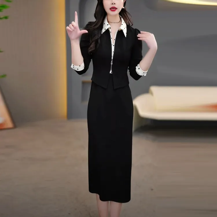 弹力精纺气质名媛打底裙2025春秋新款黑色显瘦长袖假两件连衣裙子