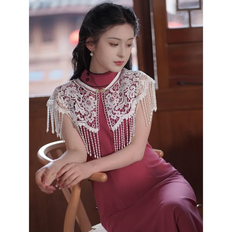配旗袍珍珠流苏云肩披肩外搭新中式改良复古蕾丝年轻款