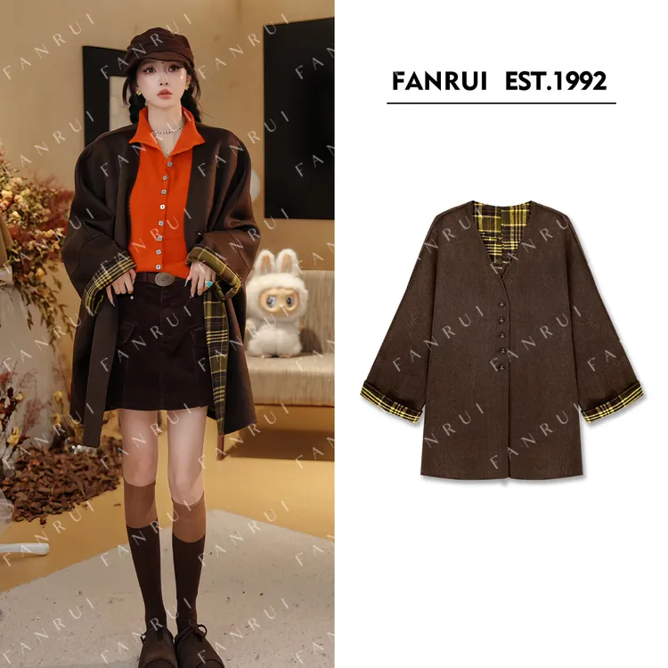 FANRUI/泛芮「贝贝biuu」羊毛格纹拼接时髦洋气百搭高端大衣B18522