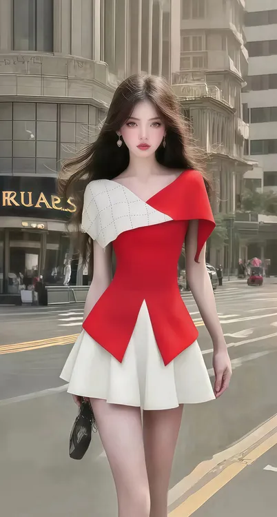 夏季新款温柔风红色拼接设计V领收腰连衣裙女时尚显瘦高级氛围感