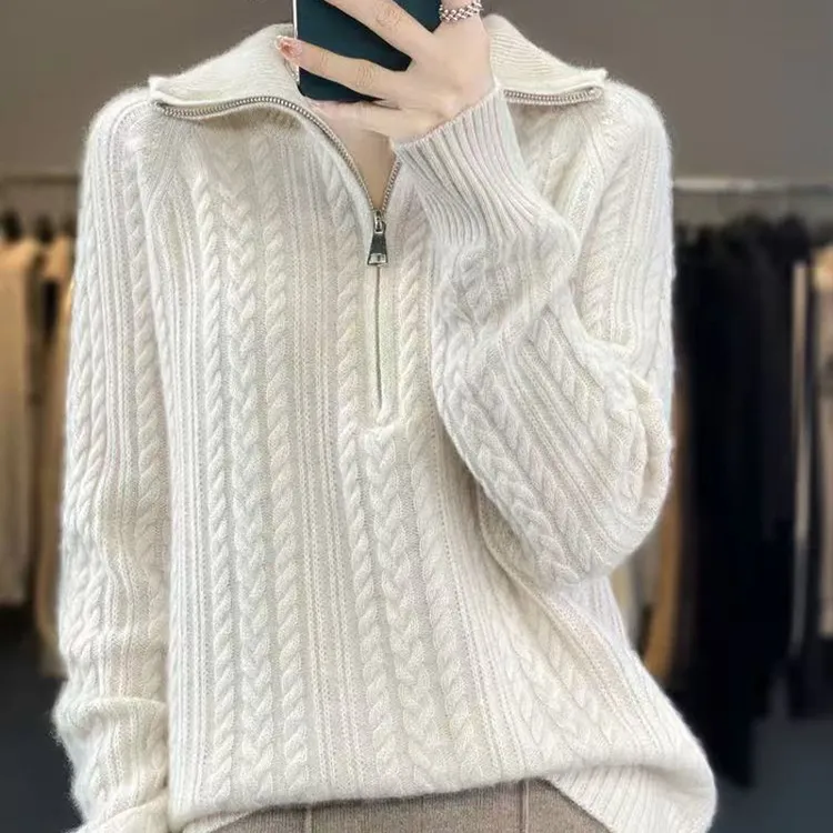 秋冬大码女装加厚螺纹半拉链时尚针织羊毛打底衫宽松百搭纯色毛衣