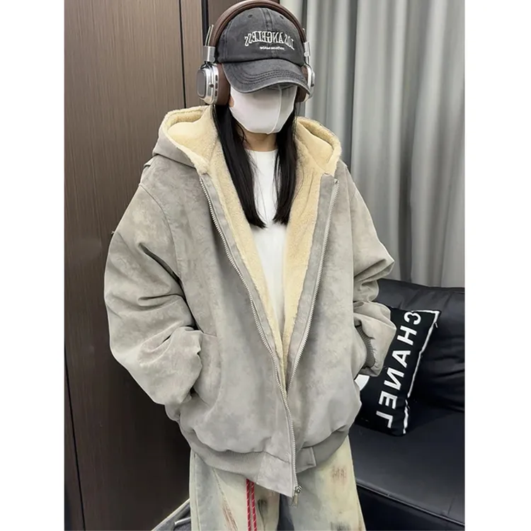 美式复古座山雕连帽棉服男女冬季仿兔毛加厚外套cleanfit情侣棉衣