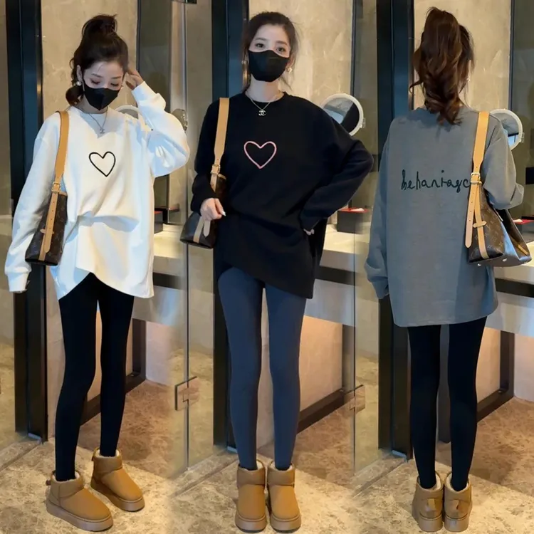 韩系爱心圆领打底长袖T恤女2025春秋新款中长款宽松休闲加绒上衣