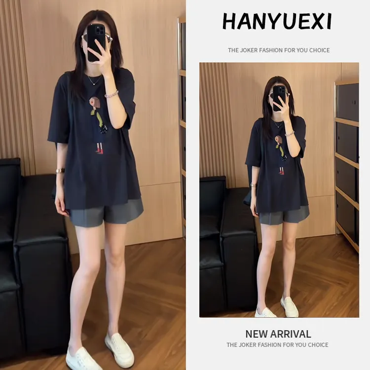 夏季百搭一整套女装2025新款印花短袖T恤百搭休闲阔腿短裤两件套