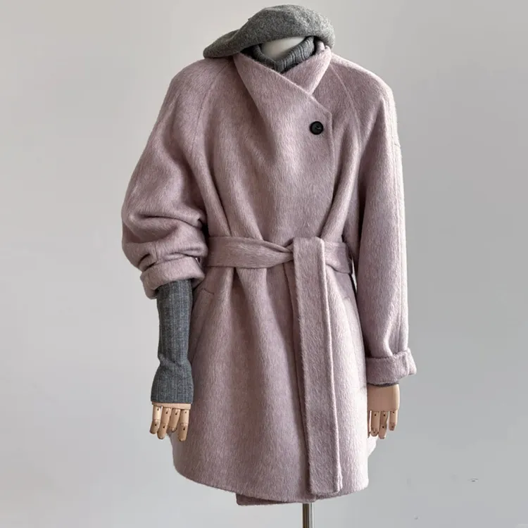 紫色双面羊绒大衣女系带呢子大衣女2025新款秋冬季高级感毛呢外套