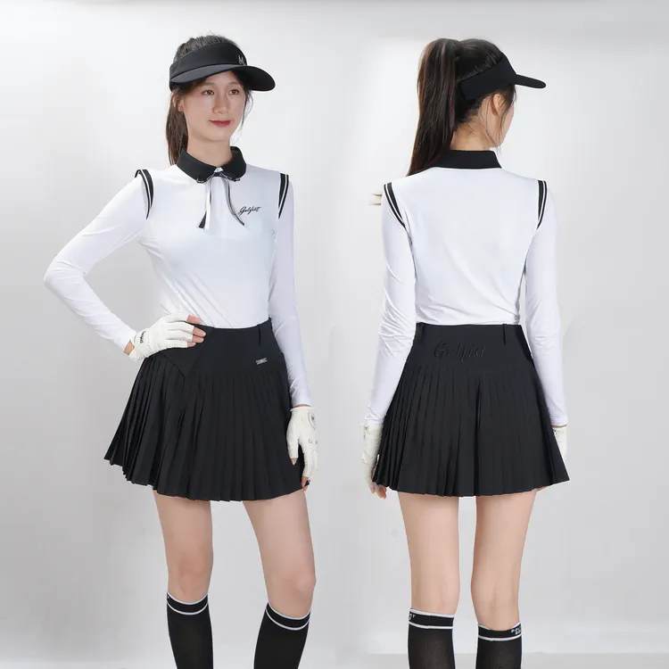 高尔夫女士服装夏季冰丝长袖户外运动修身翻领上衣时尚弹力球服女