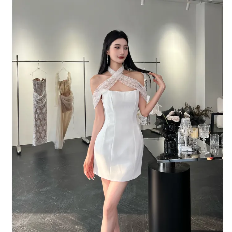 【JINGGUO轻奢】小众设计感绣珠轻礼服修身名媛气质连衣裙7276