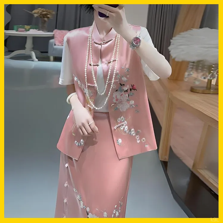 南油轻奢【高定版】新中式真醋酸新重工刺绣马甲半身裙气质两件套